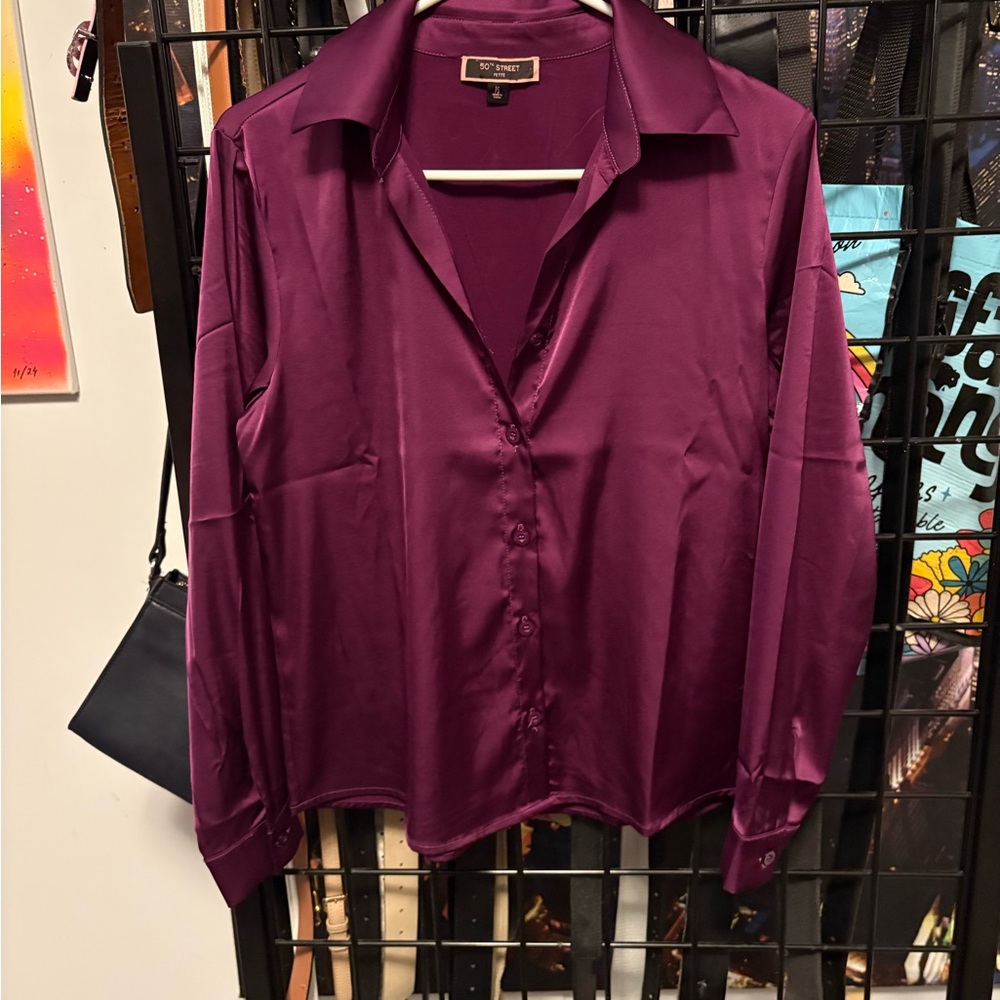 Valerie Stevens Satin Button-Down Shirt - Deep Purple